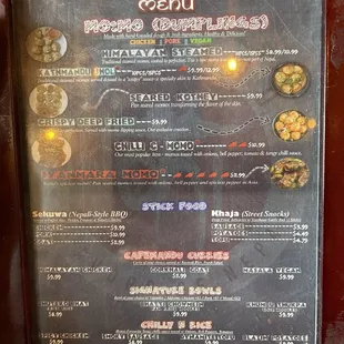 Menu at table
