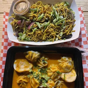 Bhatti Chowmein (Pan Fried Noodles) Kathmandu Jhol Momo (10 pcs)