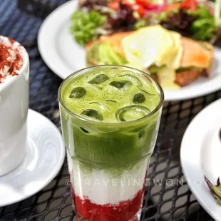 Iced strawberry matcha latte