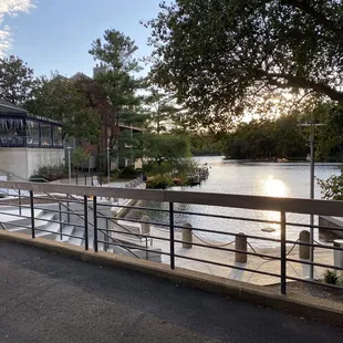 a view of a river and a restaurant