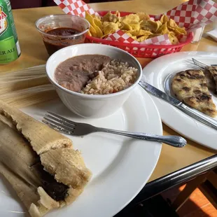 Tamale, rice &amp; beans, pupusa, chips and (spicy) salsa