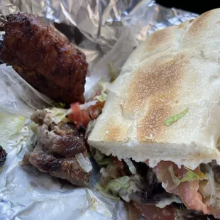 Breakfast Steak Sandwich with Maduros on the side from Cafeteria Marcela&apos;s.