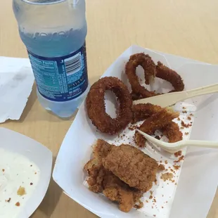 Tenders, onion rings, water = $7