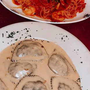 Top: *Special Request* angel hair pasta paired with shrimp and marinara sauce  Bottom: Black Lobster Ravioli