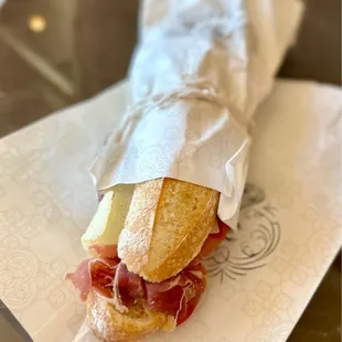 Serrano ham and aged pecorino baguette $17. Bread was a bit too chewy.
