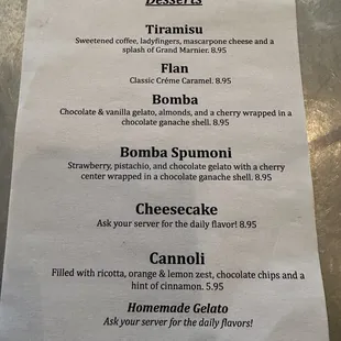 Dessert menu