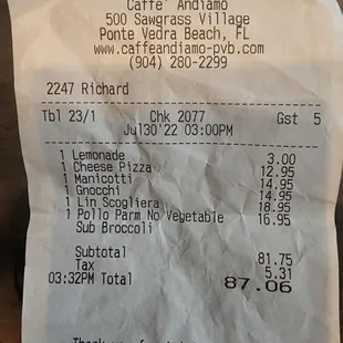 Receipt of our meal.