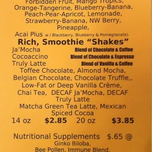 a menu for smoothies