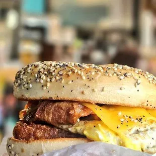 Double egg - hashbrown - bacon - cheese - everything bagel - Cafe Barista will make your day!
