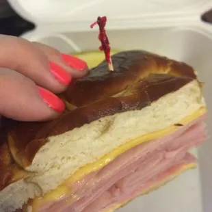 Home made pretzel buns!!! Hot ham &amp; cheese.