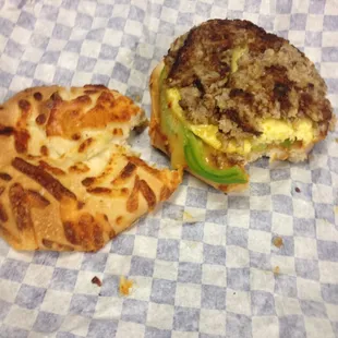 Goetta egg cheese and veggie breakfast sandwich on an Asiago bagel. Delicious!