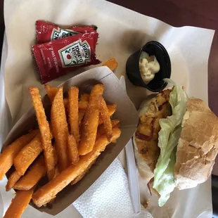 Salmon BLT with side of sweet potato fries