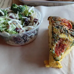 Crustless feta, spinach, and tomato quiche. Broccoli salad with cranberries.
