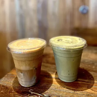Oat Shakerato (drink is up to the foam line halfway) and Matcha Latte with oatmilk (+ $1.25)