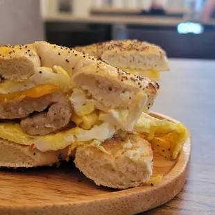 Breakfast bagel with egg, cheese and sausage.   $9.95