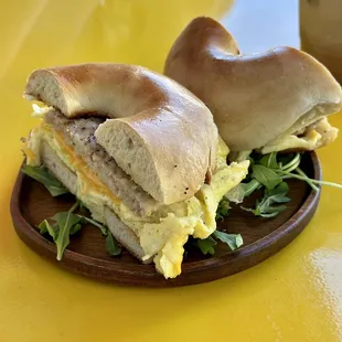 Bagel with Egg, Cheddar, and Sausage