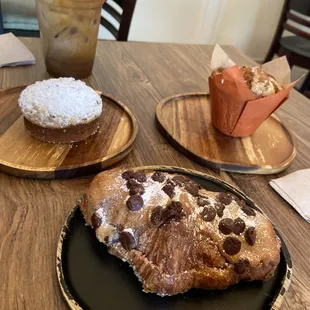 Chocolate Chip Croissant with Hazelnut; Coffee Cake; Seasonal Muffin and Iced Latte