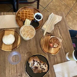 Chocolate Chip Croissant with Hazelnut; Liege Waffle; Coffee Cake; Seasonal Muffin and Iced Latte