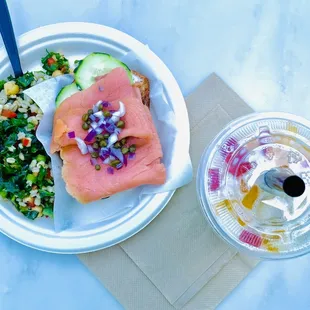 a plate of food and a drink