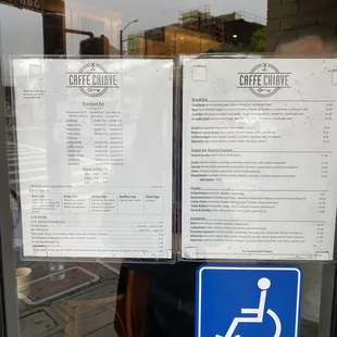 a menu and a handicap sign