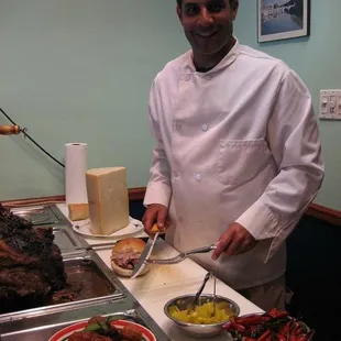 Rosario Tascione is ready to serve his famous hot Roast Beef sandwich or our soon to be famous Meatball or Chicken Parmigiana sandwich.