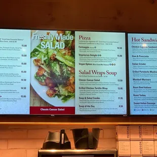 Menu: lots of pizza and sandwich options