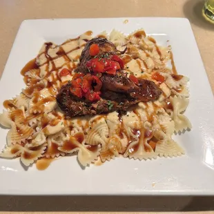 Blackened Chicken with bow tie pasta.