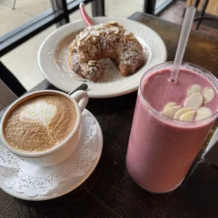 Almond croissant, berry smoothie, Cappuccino