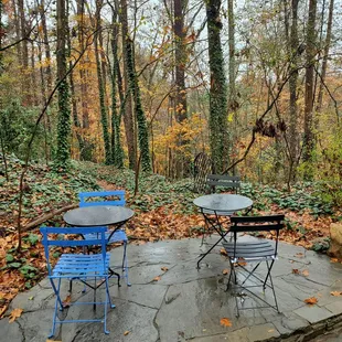 a table and chairs in the woods