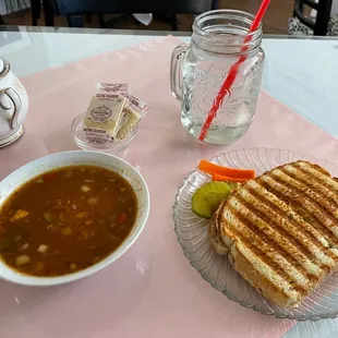 Chilli with rice soup and tuna melt