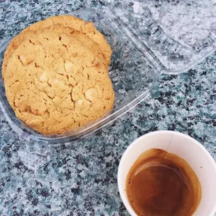 Espresso ($1.50)  to go &amp;  3 fresh baked white Choc chip cookies for the kiddos ($2)