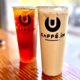 (GRAND OPENING) Left to right: Wintermelon Iced Tea (75% sweet) &amp; Black Milk Tea (100% sweet)