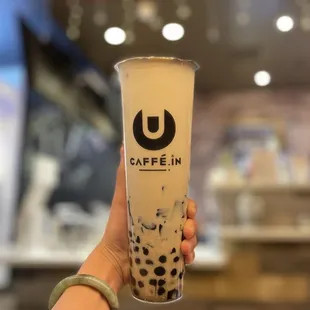Milk Green Tea with boba and grass jelly (super size)