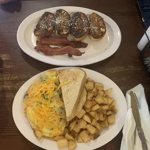 Top French Toast Bottom Omelette and hash brown potatoes