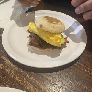 Sausage egg and cheese muffin with bacon added.