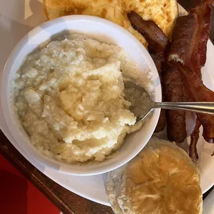 Grits, eggs, biscuit, bacon, sausage