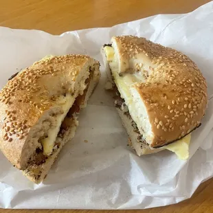 Bacon, egg, and cheese on sesame bagel.