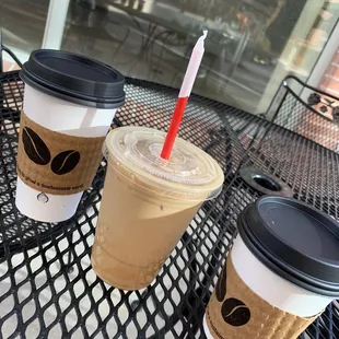 Iced Carmel Latte, 2 hot Carmel lattes