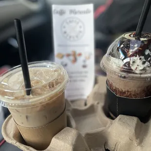 Iced caramel latte and cookies and cream frappe