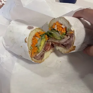 Banh mi with pate-mixed meat and avocado (+$1) = $9.45!