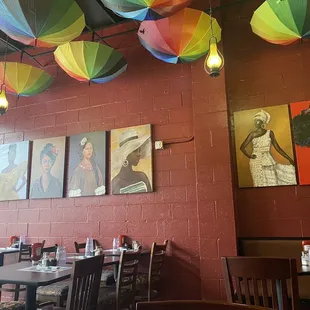 colorful umbrellas hanging from the ceiling