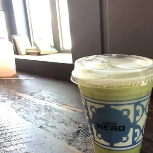 Iced matcha latte with almond milk / July 2019