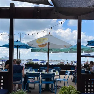 people sitting at tables under umbrellas