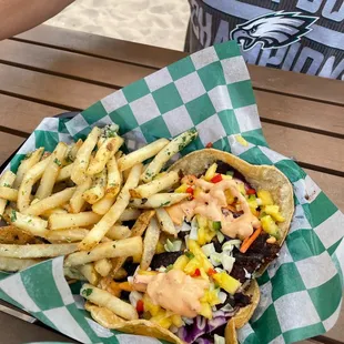 Fish tacos with parmesan truffle fries