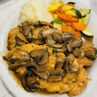 Chicken Marsala with Mixed veggies and mashed potatoes