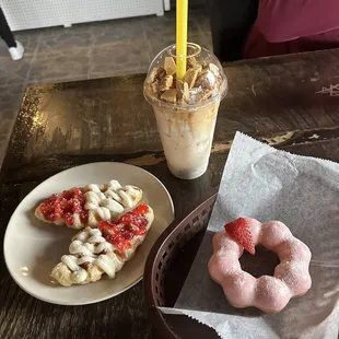 Strawberry and cream cheese croffle, strawberry mochi donut, dalgona latte