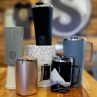 a variety of coffee mugs