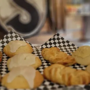 a basket of cookies and pastries