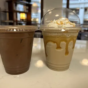Iced Mocha and Blended Caramel Latte. Two of our most popular drinks!