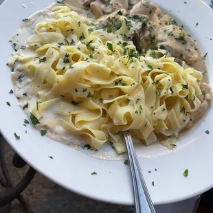a plate of pasta and mushrooms